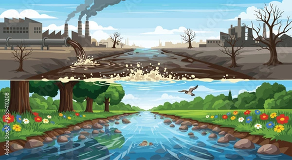 Fototapeta Stark contrast shows devastating industrial pollution versus vibrant restored nature and clean flowing water