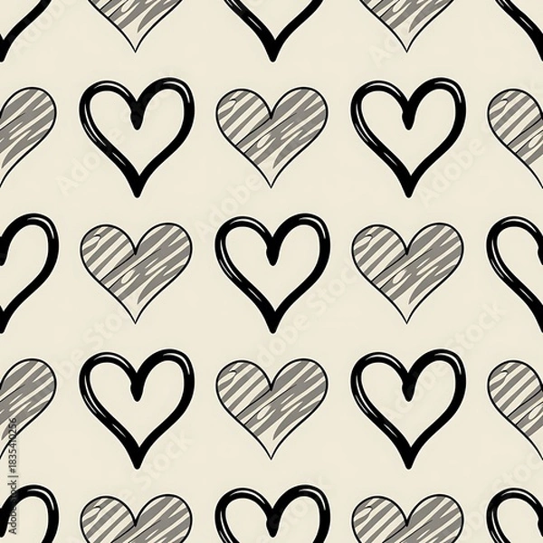 Fototapeta Seamless pattern of sketchy heart shapes in black outline and hatching fill on a light textured background
