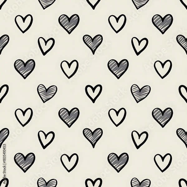 Fototapeta Seamless pattern of sketched heart shapes in various sizes and shading on a light textured background