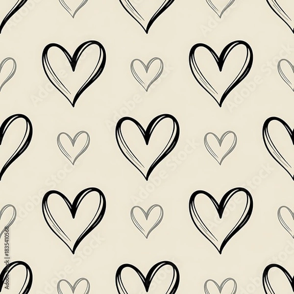 Fototapeta Seamless pattern of sketched hearts in various sizes and styles on a light textured background