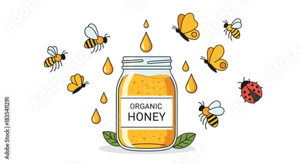 Fototapeta Charming organic honey jar surrounded by cheerful bees butterflies and ladybug drops falling