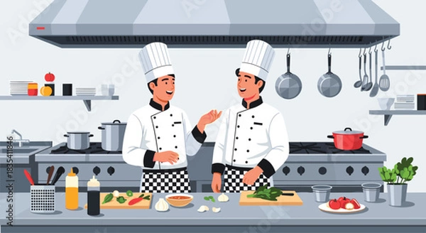 Fototapeta Two professional chefs collaborating and smiling while preparing fresh ingredients in a busy commercial kitchen setting