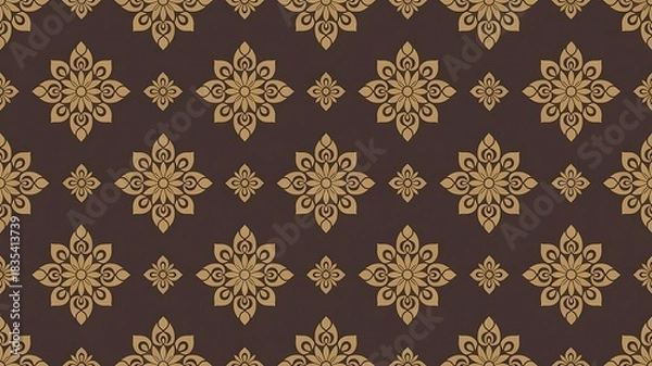 Fototapeta Intricate golden floral motif pattern on a rich dark brown background elegant decorative textile design seamless repeating ornamental texture
