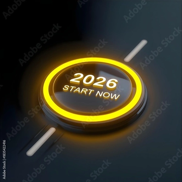 Obraz A glowing button with 2026 start now displayed on a dark background