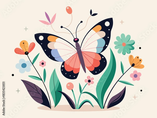 Fototapeta Whimsical garden scene featuring a vibrant butterfly gracefully resting among a delightful array of colorful flowers and lush green foliage