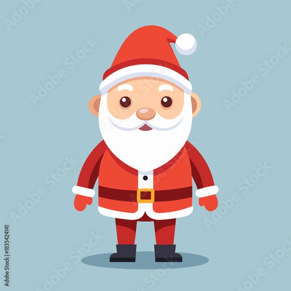 Fototapeta Charming cartoon illustration of a jolly santa claus character with a bright red suit and fluffy white beard standing cheerfully against a soft light blue background perfect for holiday designs