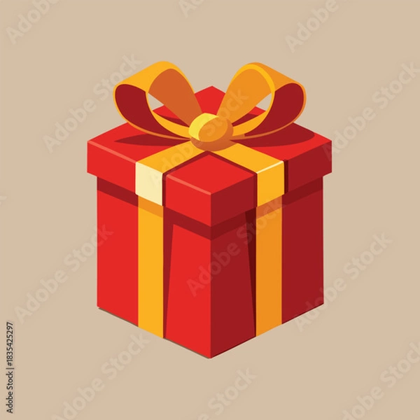 Fototapeta A vibrant red gift box with a bright yellow ribbon and bow symbolizing celebration and surprise on a neutral background
