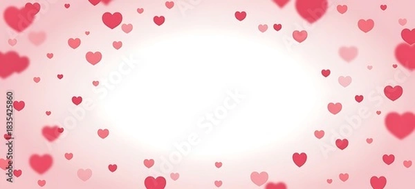 Fototapeta Soft pink background with scattered red and pink hearts forming a circular frame