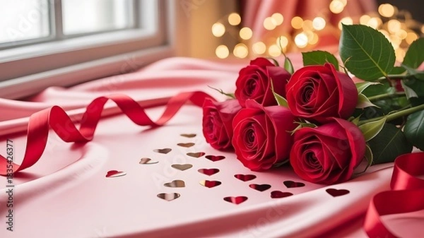 Fototapeta Red roses and ribbon on pink satin with heart confetti and bokeh lights