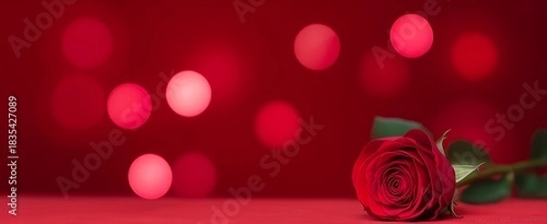 Fototapeta A single red rose with soft red bokeh lights in the background
