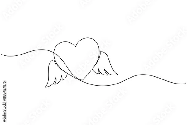 Fototapeta Heart with wings drawn in single continuous line art style.