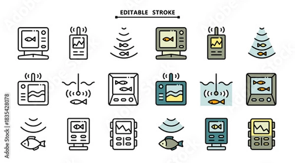 Obraz Fish finder icons set. Editable stroke. Depth finder. Fish searching. Digital echo sounder vector signs collection for web design isolated on white. Digital gadget, designed for web and app