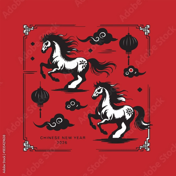 Fototapeta Festive Chinese New Year Horse Cards with Lanterns & Clouds 2026