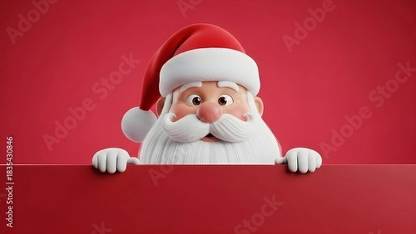 Fototapeta Funny 3D render of Santa Claus peeking over a blank red banner placeholder with copy space