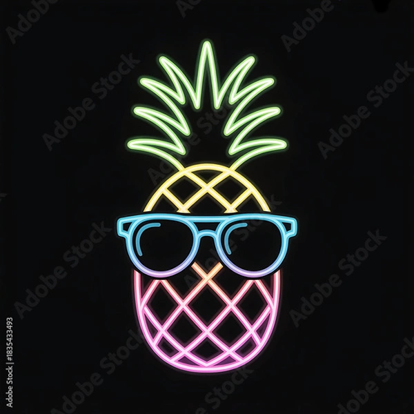 Obraz A cartoon vector illustration of a pineapple in a glass surrounded by beach holiday design elements and green plant decoration