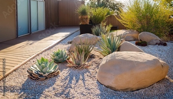 Fototapeta modern desert landscape design with succulents and boulders in front yard
