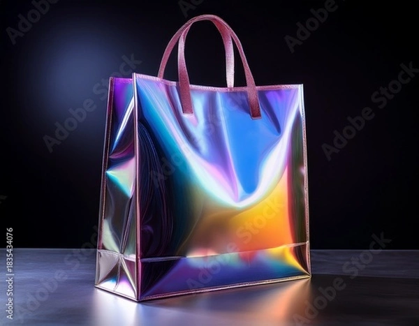 Fototapeta iridescent shopping bag radiating ethereal hues against a dark background