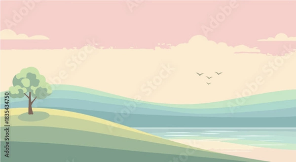 Obraz Tranquil minimalist landscape illustration of rolling green hills, a calm sea, and a single tree against a pastel pink sky