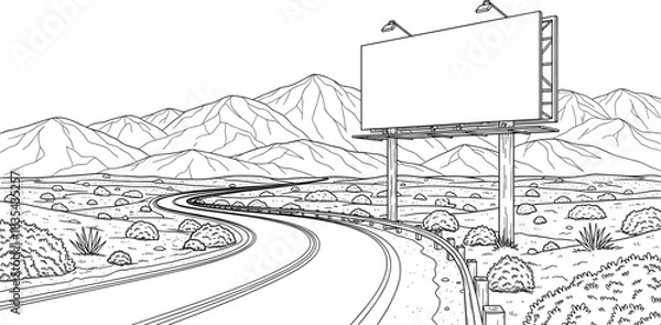 Obraz Winding desert highway and large blank billboard, empty road with rocky mountains background, advertising space, arid landscape, transportation, travel, black and white line art vector drawing.