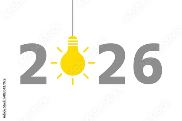 Obraz 2026 design with hanging solid light bulb on white background