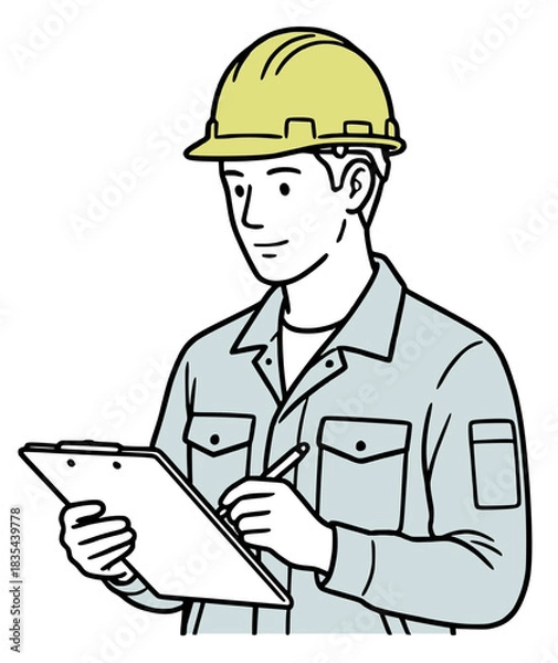 Obraz バインダーに記入する作業員のイラスト：点検と安全確認（シンプルな線画・ベクター）