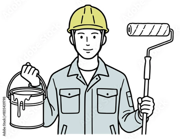 Obraz ローラーで塗装する作業員のイラスト：外壁塗装とリフォーム（シンプルな線画・ベクター）