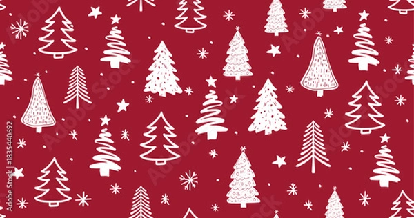 Obraz Christmas tree pattern on red background, Hand drawn illustrations.