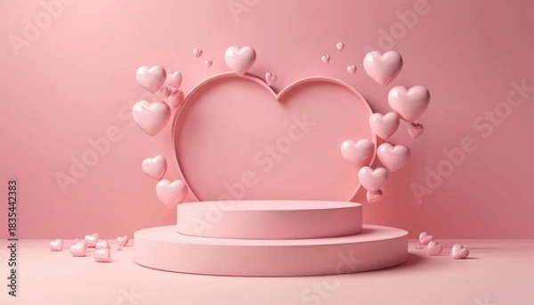 Fototapeta Minimalist 3D Pink Podium with Floating Glossy Hearts
