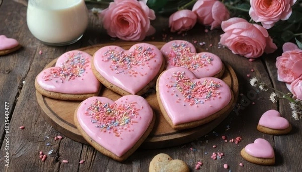 Fototapeta Heart Shaped Cookies with Pink Icing on Wooden Table