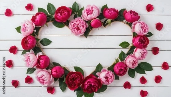 Fototapeta Red Roses and Pink Peonies Arranged in Heart Shape