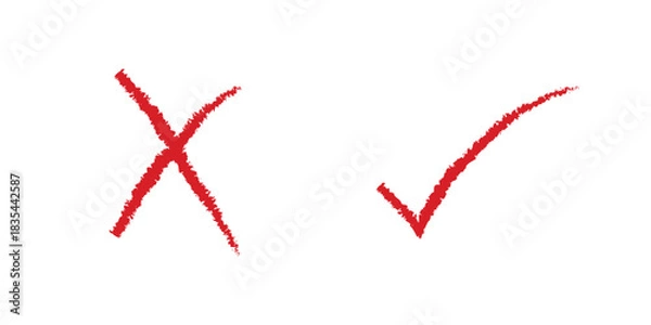 Fototapeta Hand drawn red check mark and cross X sign. Brush stroke right and wrong, correct and incorrect marker symbol vector.
