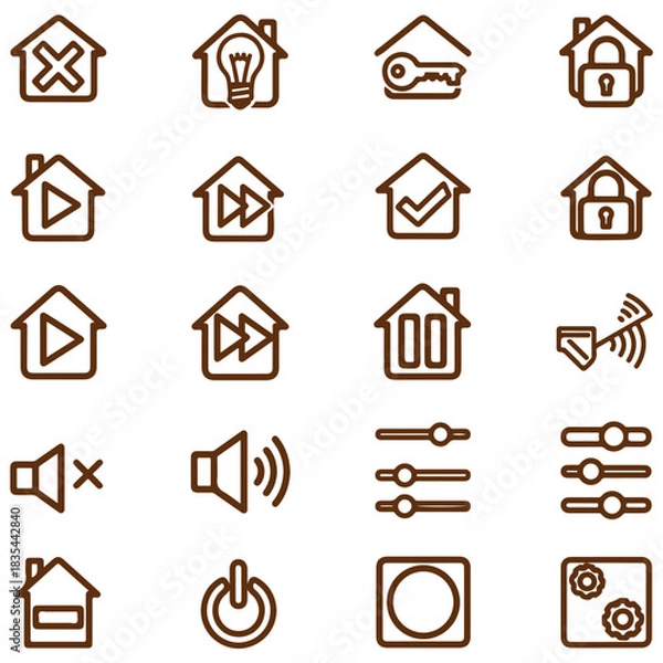 Fototapeta Collection of brown outline house and control icons arranged in a grid on a white background