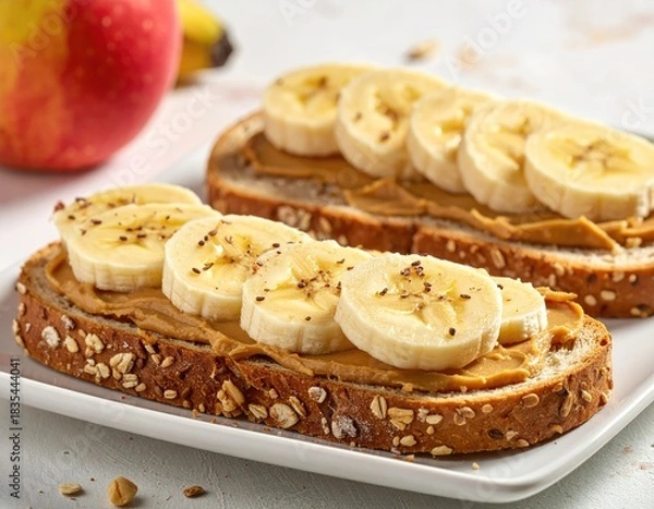 Fototapeta Two peanut butter and banana toasts on a plate, with apple and banana