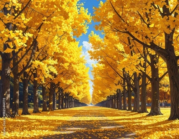 Fototapeta Golden trees line path, leaves fall under bright sky