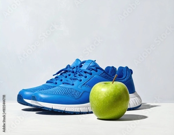 Fototapeta Bright blue shoes and green apple on white surface