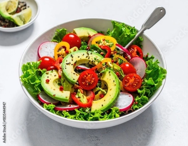 Fototapeta Colorful salad with avocado, tomatoes, radish, lettuce