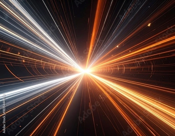 Fototapeta Radiant lights converge, abstract, silver, gold speeds forward