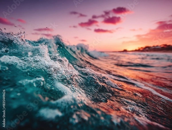 Fototapeta Ocean waves crashing at sunset with colorful sky in background  