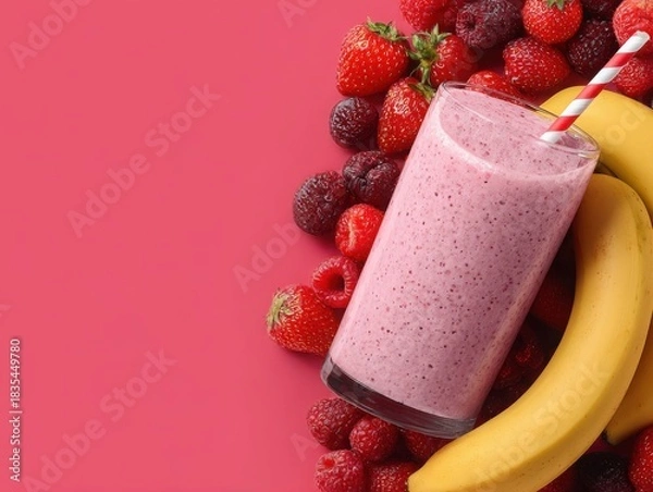Fototapeta Fresh smoothie in glass with strawberries, raspberries, and banana  