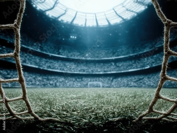 Fototapeta Football stadium viewed from the goal net during daytime  