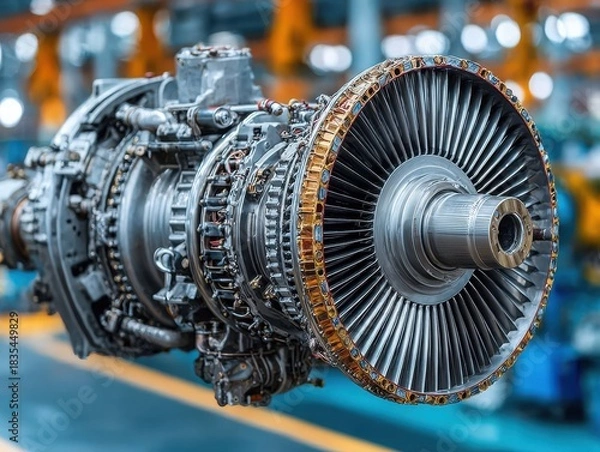 Fototapeta Industrial gas turbine engine on display in a workshop environment  