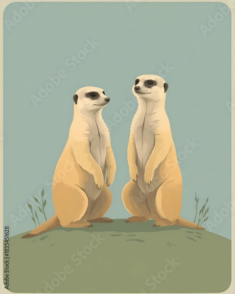 Fototapeta Two Standing Meerkats on Grass Field