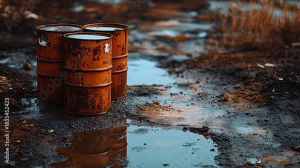 Fototapeta Three rusty barrels sit abandoned in a muddy polluted wasteland