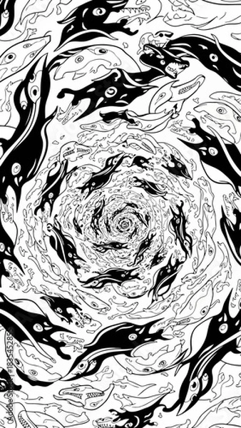 Fototapeta Intricate vector artwork showing numerous elongated black and white abstract figures forming spiraling pattern leading into a central vortex