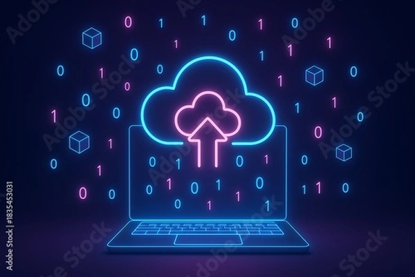 Obraz Neon Cloud Computing and Data Upload with Laptop and Binary Code