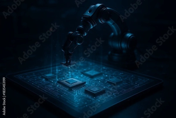 Obraz Robotic Arm Installing Microchip on Futuristic Circuit Board