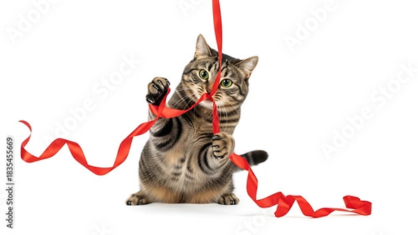 Fototapeta Tabby cat playing with a long red ribbon on a white background