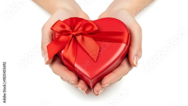 Fototapeta Hands holding a red heart shaped gift box with a red ribbon bow