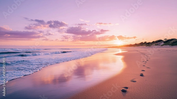 Fototapeta Soft pastel sunset reflects across gentle ocean waves as a line of footprints leads along the smooth sandy
