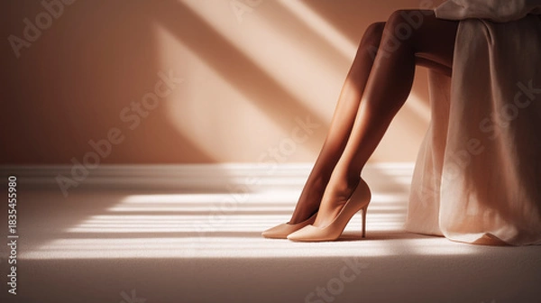 Fototapeta Elegant scene showing a woman's legs in neutral high heels with soft directional light